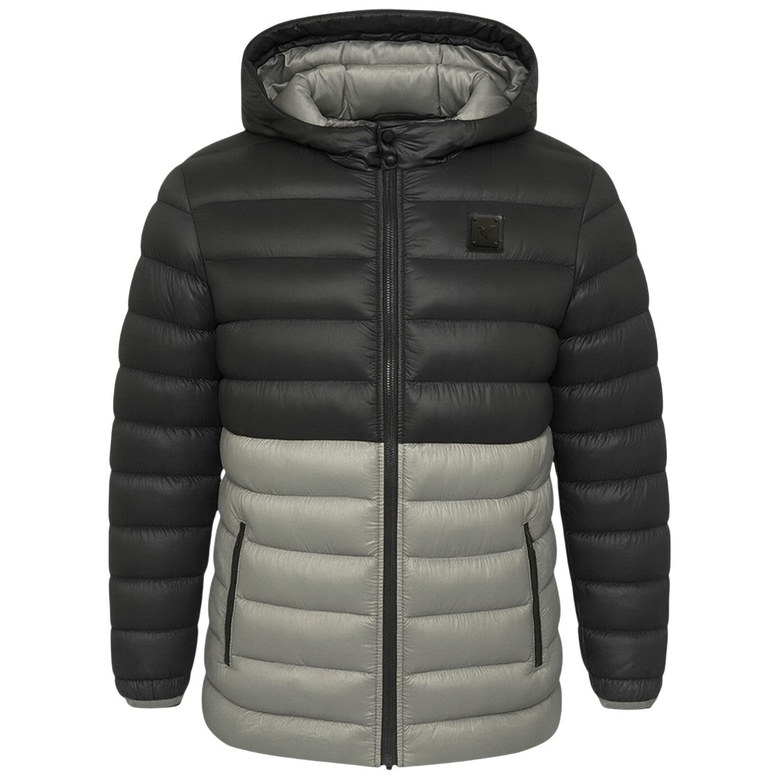 Men’s black and grey two-tone puffer jacket with detachable hood, quilted winter coat